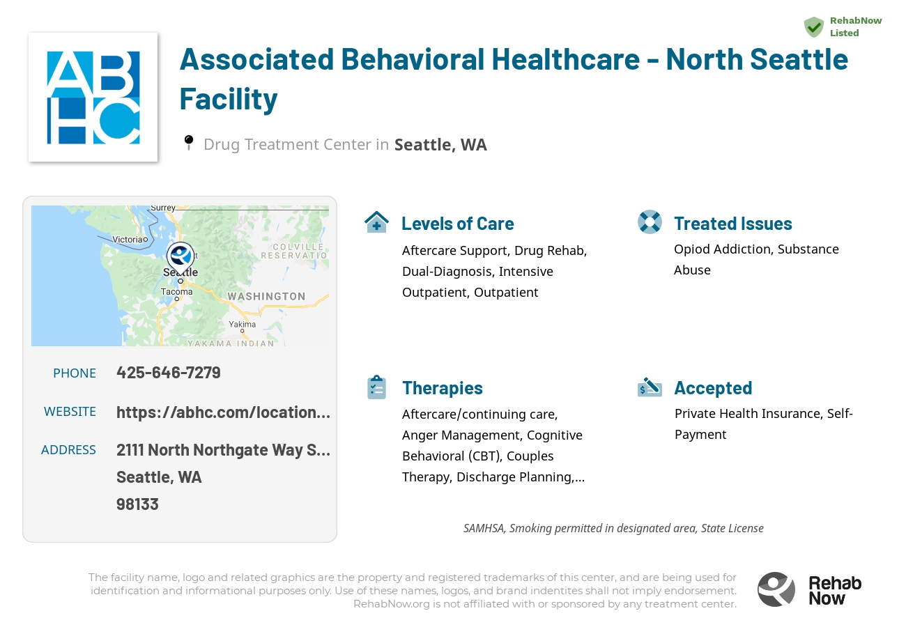 Helpful reference information for Associated Behavioral Healthcare  - North Seattle Facility, a drug treatment center in Washington located at: 2111 North Northgate Way Suite 212, Seattle, WA 98133, including phone numbers, official website, and more. Listed briefly is an overview of Levels of Care, Therapies Offered, Issues Treated, and accepted forms of Payment Methods.