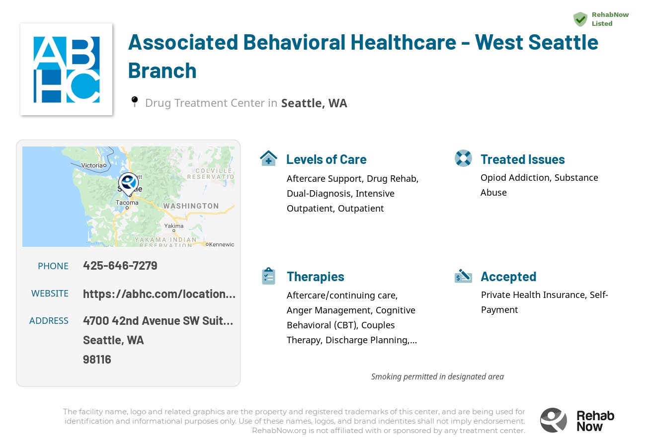 Helpful reference information for Associated Behavioral Healthcare -  West Seattle Branch, a drug treatment center in Washington located at: 4700 42nd Avenue SW Suite 470, Seattle, WA 98116, including phone numbers, official website, and more. Listed briefly is an overview of Levels of Care, Therapies Offered, Issues Treated, and accepted forms of Payment Methods.