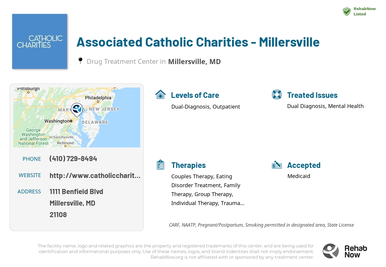 Helpful reference information for Associated Catholic Charities - Millersville, a drug treatment center in Maryland located at: 1111 Benfield Blvd, Millersville, MD 21108, including phone numbers, official website, and more. Listed briefly is an overview of Levels of Care, Therapies Offered, Issues Treated, and accepted forms of Payment Methods.