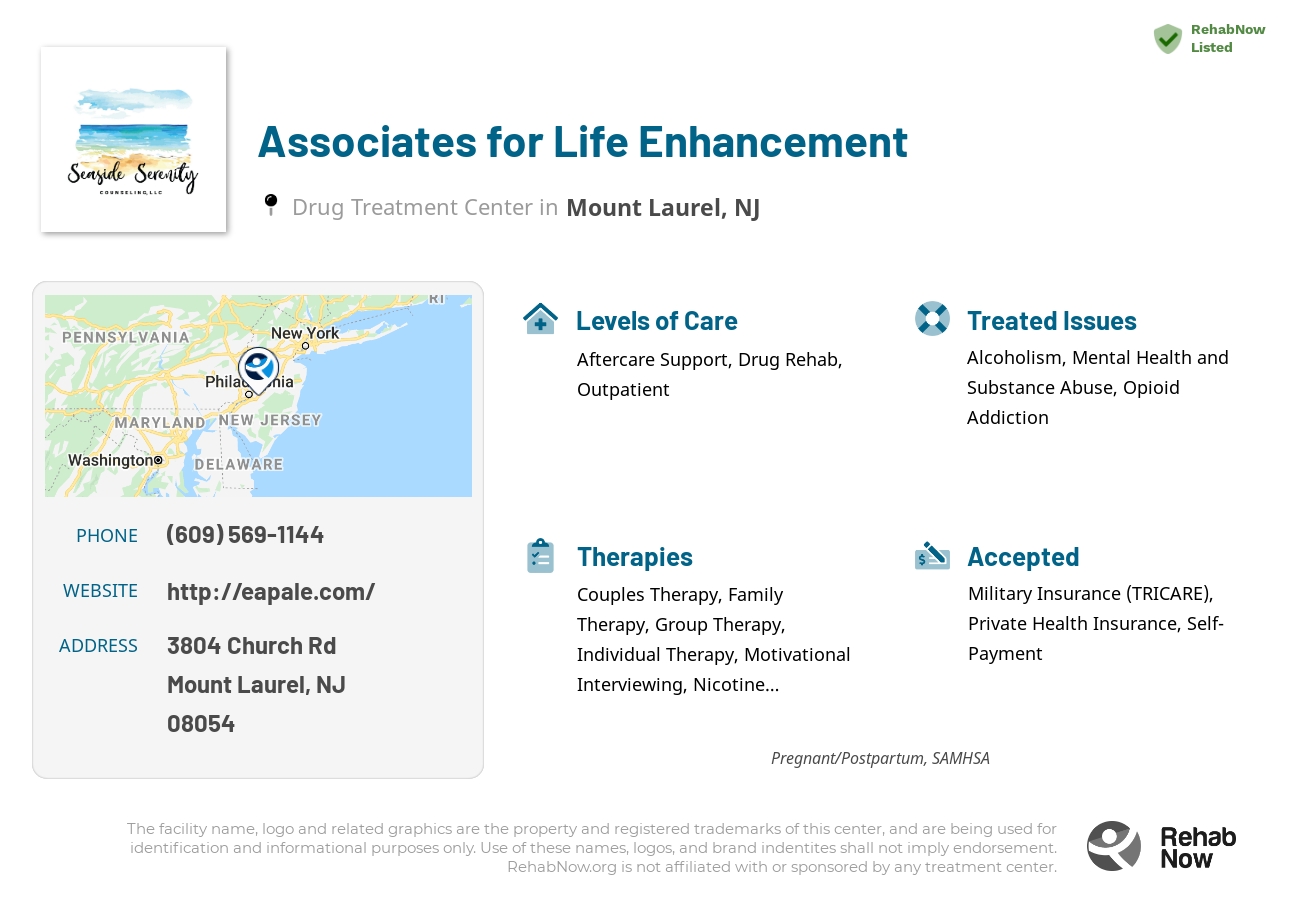 Helpful reference information for Associates for Life Enhancement, a drug treatment center in New Jersey located at: 3804 Church Rd, Mount Laurel, NJ 08054, including phone numbers, official website, and more. Listed briefly is an overview of Levels of Care, Therapies Offered, Issues Treated, and accepted forms of Payment Methods.