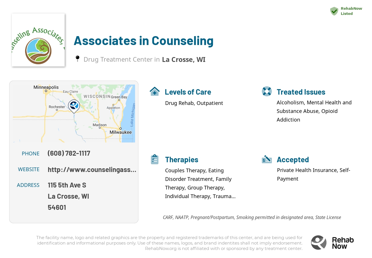 Helpful reference information for Associates in Counseling, a drug treatment center in Wisconsin located at: 115 5th Ave S, La Crosse, WI 54601, including phone numbers, official website, and more. Listed briefly is an overview of Levels of Care, Therapies Offered, Issues Treated, and accepted forms of Payment Methods.