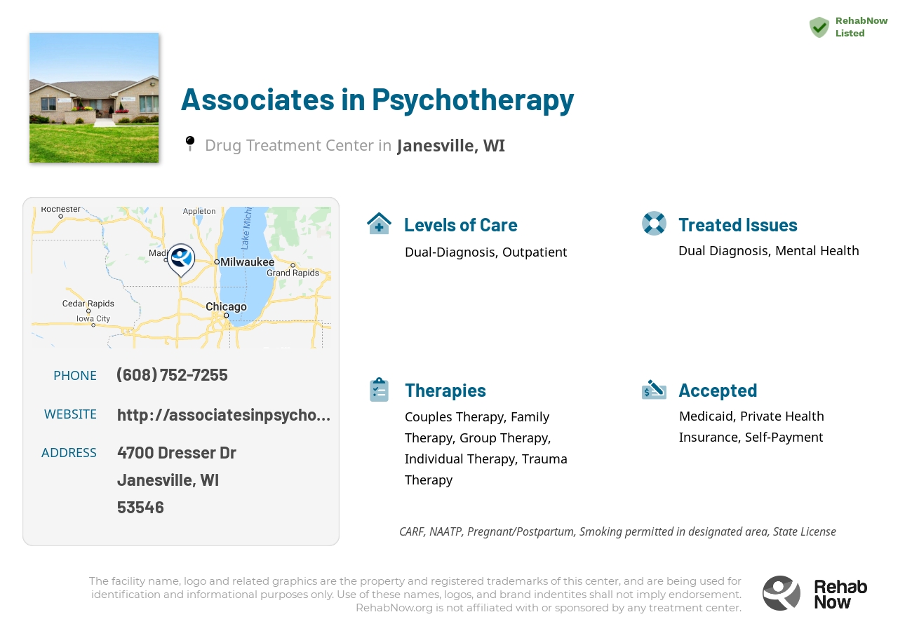 Helpful reference information for Associates in Psychotherapy, a drug treatment center in Wisconsin located at: 4700 Dresser Dr, Janesville, WI 53546, including phone numbers, official website, and more. Listed briefly is an overview of Levels of Care, Therapies Offered, Issues Treated, and accepted forms of Payment Methods.