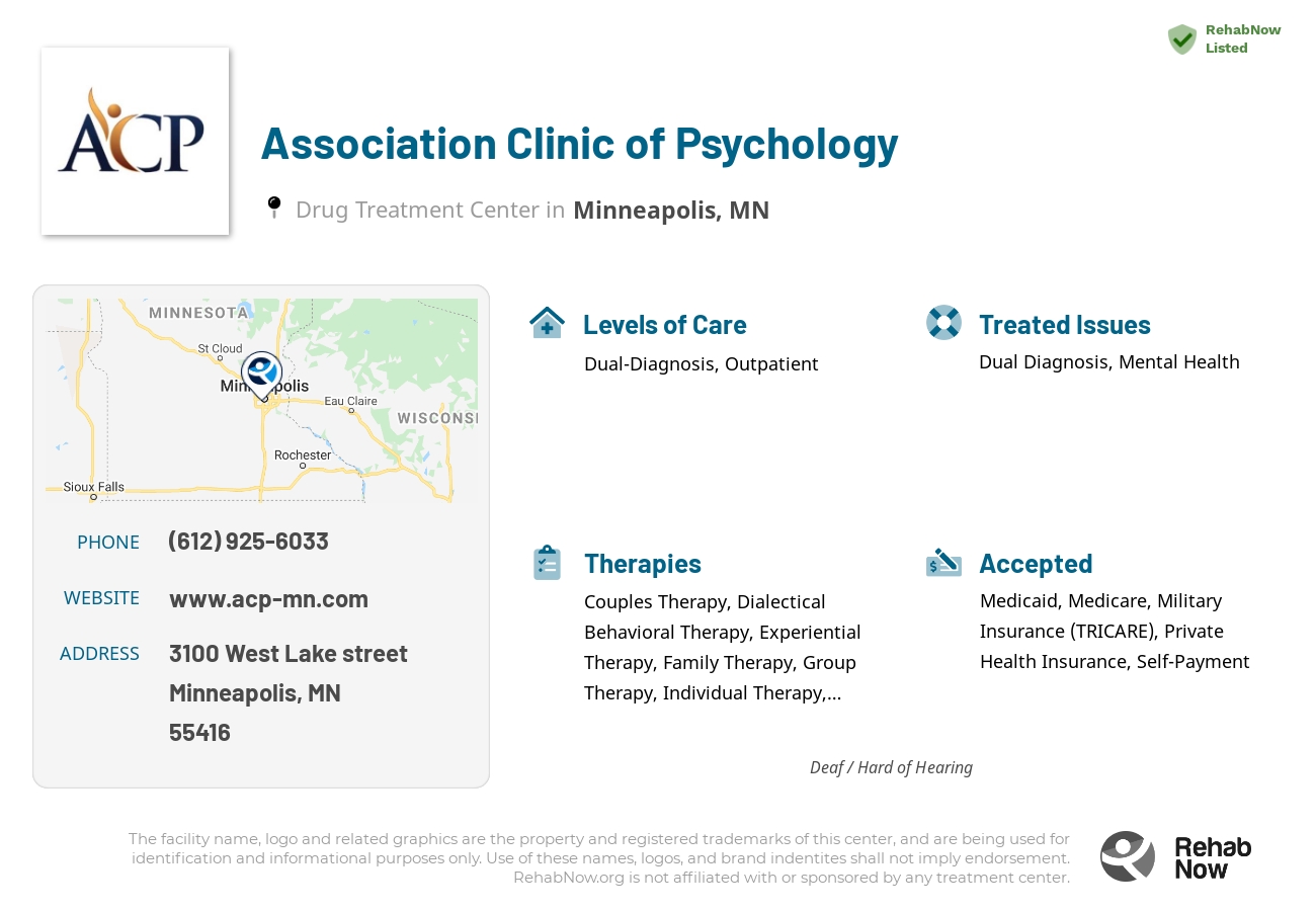 Helpful reference information for Association Clinic of Psychology, a drug treatment center in Minnesota located at: 3100 3100 West Lake street, Minneapolis, MN 55416, including phone numbers, official website, and more. Listed briefly is an overview of Levels of Care, Therapies Offered, Issues Treated, and accepted forms of Payment Methods.