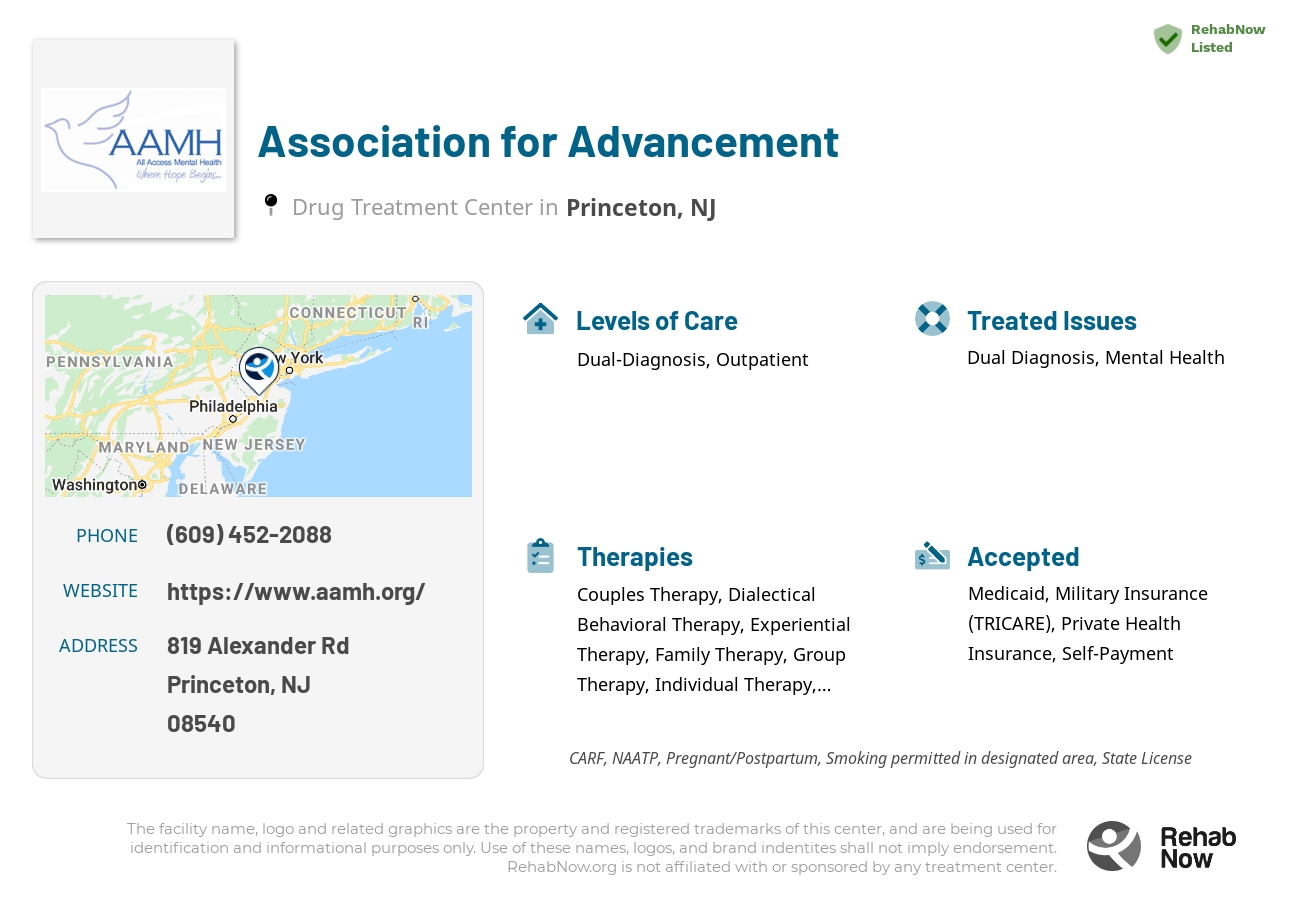 Helpful reference information for Association for Advancement, a drug treatment center in New Jersey located at: 819 Alexander Rd, Princeton, NJ 08540, including phone numbers, official website, and more. Listed briefly is an overview of Levels of Care, Therapies Offered, Issues Treated, and accepted forms of Payment Methods.