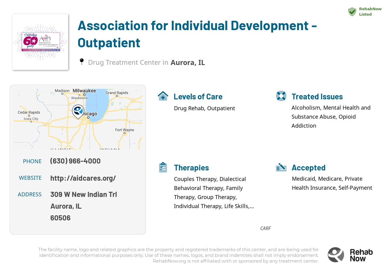 Helpful reference information for Association for Individual Development - Outpatient, a drug treatment center in Illinois located at: 309 W New Indian Trl, Aurora, IL 60506, including phone numbers, official website, and more. Listed briefly is an overview of Levels of Care, Therapies Offered, Issues Treated, and accepted forms of Payment Methods.