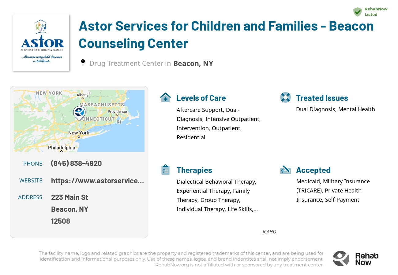 Helpful reference information for Astor Services for Children and Families - Beacon Counseling Center, a drug treatment center in New York located at: 223 Main St, Beacon, NY 12508, including phone numbers, official website, and more. Listed briefly is an overview of Levels of Care, Therapies Offered, Issues Treated, and accepted forms of Payment Methods.