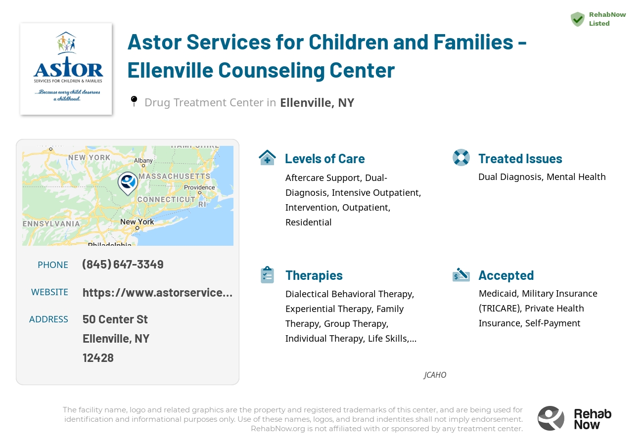 Helpful reference information for Astor Services for Children and Families - Ellenville Counseling Center, a drug treatment center in New York located at: 50 Center St, Ellenville, NY 12428, including phone numbers, official website, and more. Listed briefly is an overview of Levels of Care, Therapies Offered, Issues Treated, and accepted forms of Payment Methods.