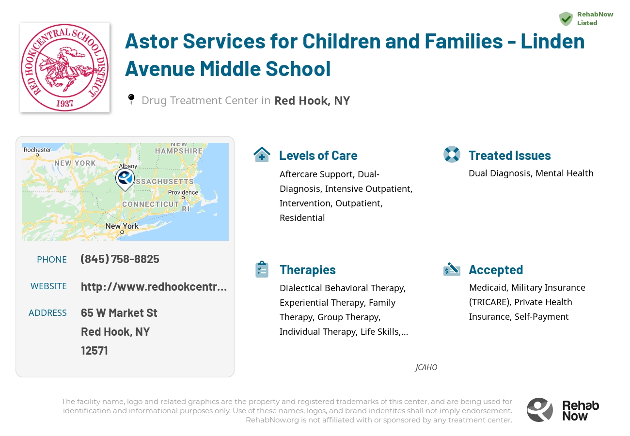 Helpful reference information for Astor Services for Children and Families - Linden Avenue Middle School, a drug treatment center in New York located at: 65 W Market St, Red Hook, NY 12571, including phone numbers, official website, and more. Listed briefly is an overview of Levels of Care, Therapies Offered, Issues Treated, and accepted forms of Payment Methods.