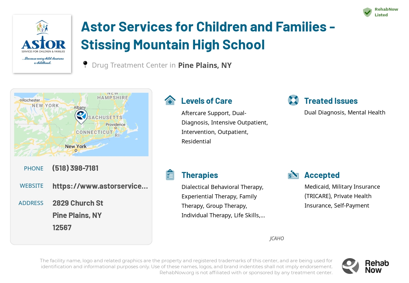 Helpful reference information for Astor Services for Children and Families - Stissing Mountain High School, a drug treatment center in New York located at: 2829 Church St, Pine Plains, NY 12567, including phone numbers, official website, and more. Listed briefly is an overview of Levels of Care, Therapies Offered, Issues Treated, and accepted forms of Payment Methods.