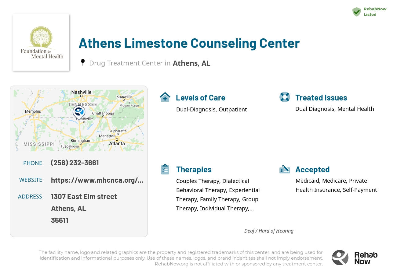 Helpful reference information for Athens Limestone Counseling Center, a drug treatment center in Alabama located at: 1307 East Elm street, Athens, AL, 35611, including phone numbers, official website, and more. Listed briefly is an overview of Levels of Care, Therapies Offered, Issues Treated, and accepted forms of Payment Methods.