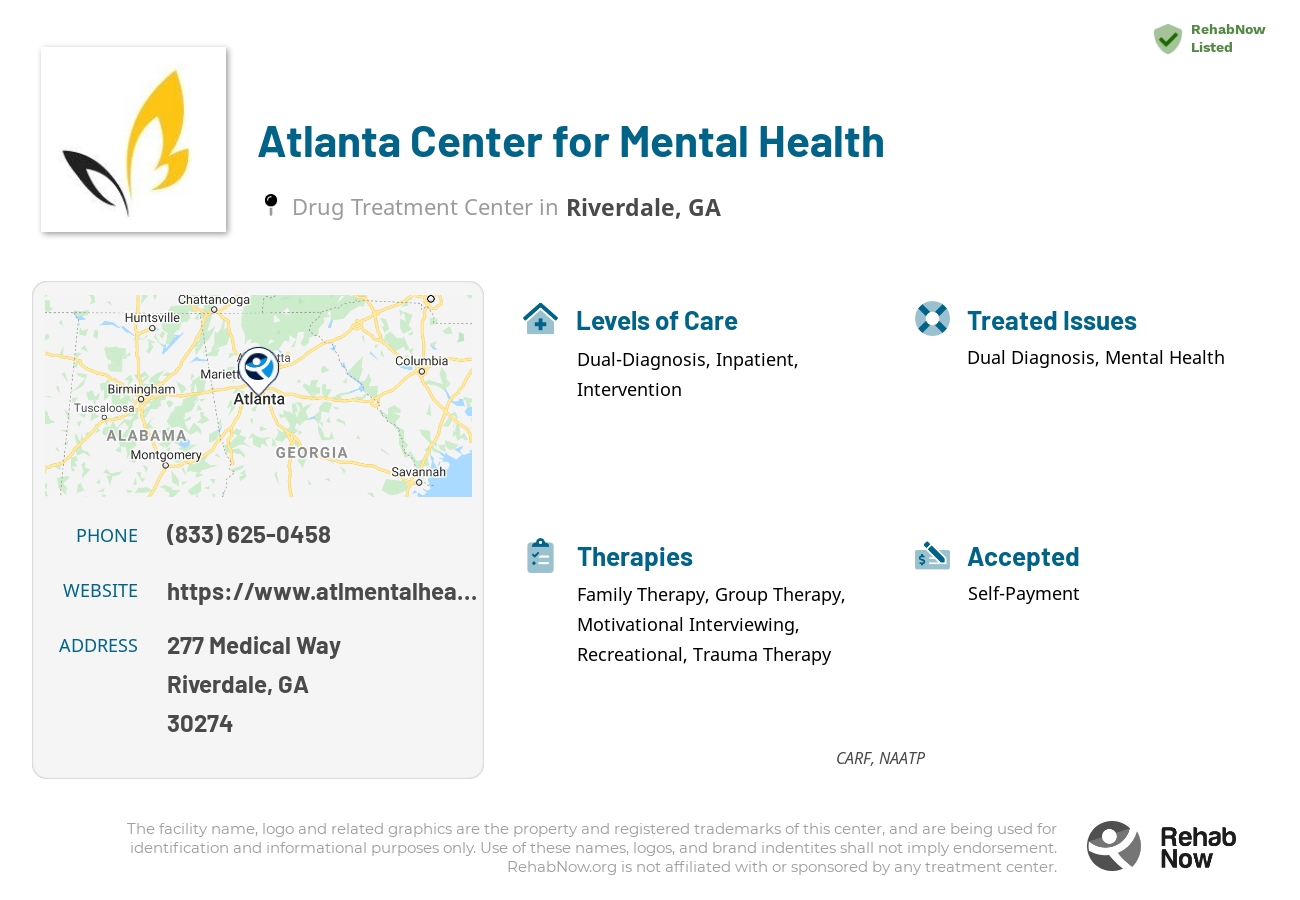 Helpful reference information for Atlanta Center for Mental Health, a drug treatment center in Georgia located at: 277 Medical Way, Riverdale, GA, 30274, including phone numbers, official website, and more. Listed briefly is an overview of Levels of Care, Therapies Offered, Issues Treated, and accepted forms of Payment Methods.