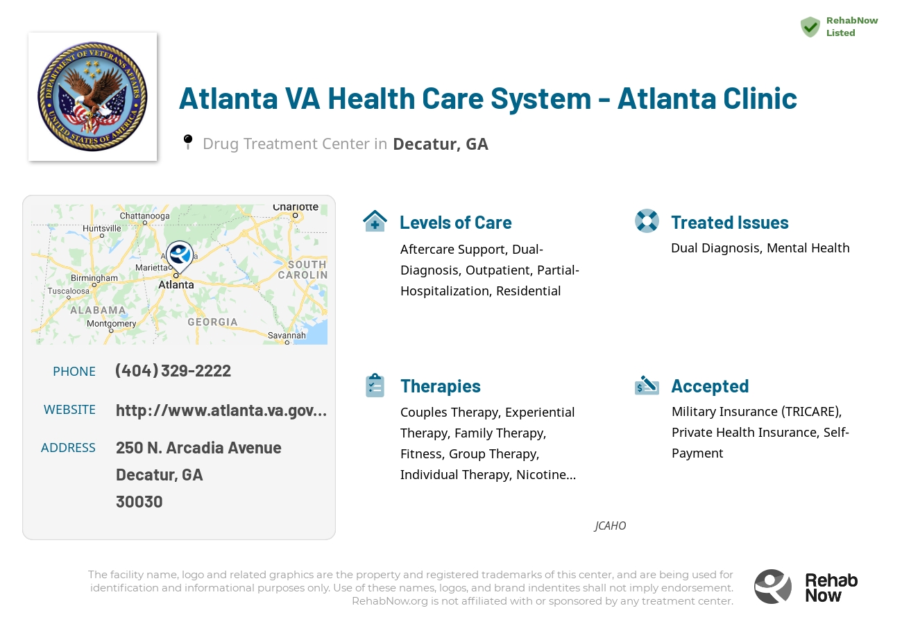 Helpful reference information for Atlanta VA Health Care System - Atlanta Clinic, a drug treatment center in Georgia located at: 250 250 N. Arcadia Avenue, Decatur, GA 30030, including phone numbers, official website, and more. Listed briefly is an overview of Levels of Care, Therapies Offered, Issues Treated, and accepted forms of Payment Methods.