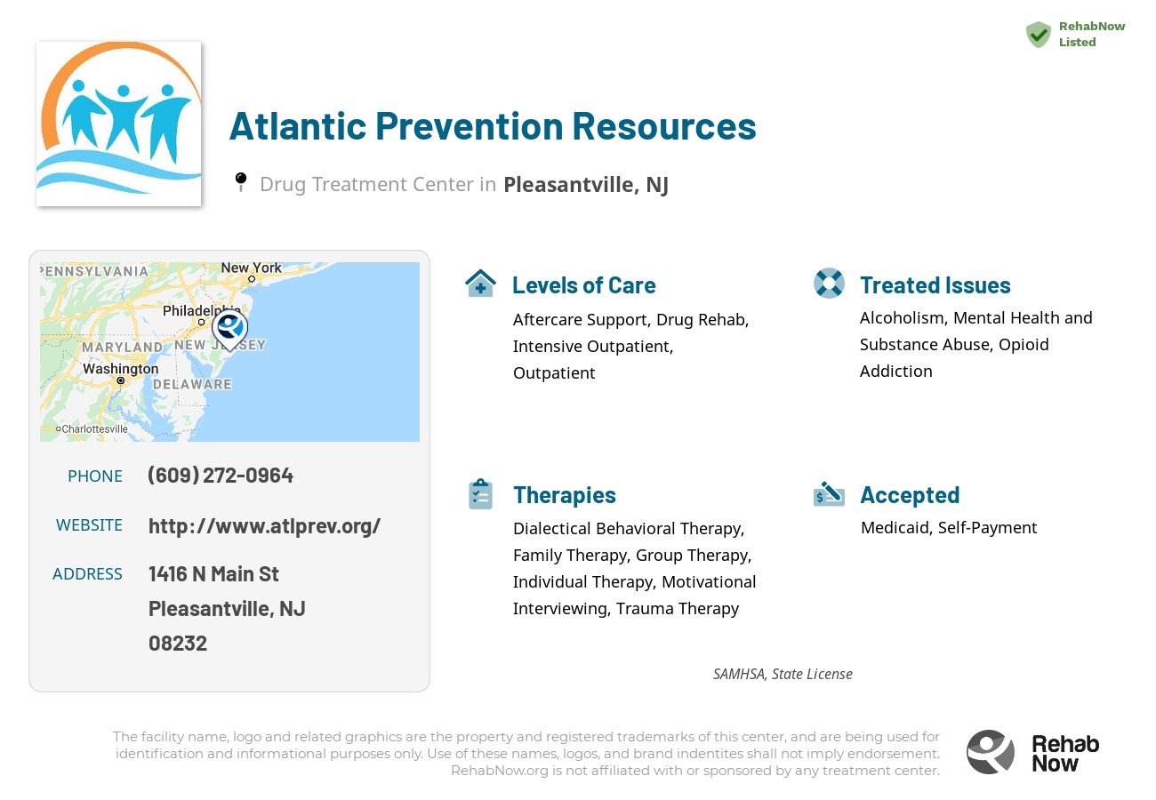 Helpful reference information for Atlantic Prevention Resources, a drug treatment center in New Jersey located at: 1416 N Main St, Pleasantville, NJ 08232, including phone numbers, official website, and more. Listed briefly is an overview of Levels of Care, Therapies Offered, Issues Treated, and accepted forms of Payment Methods.