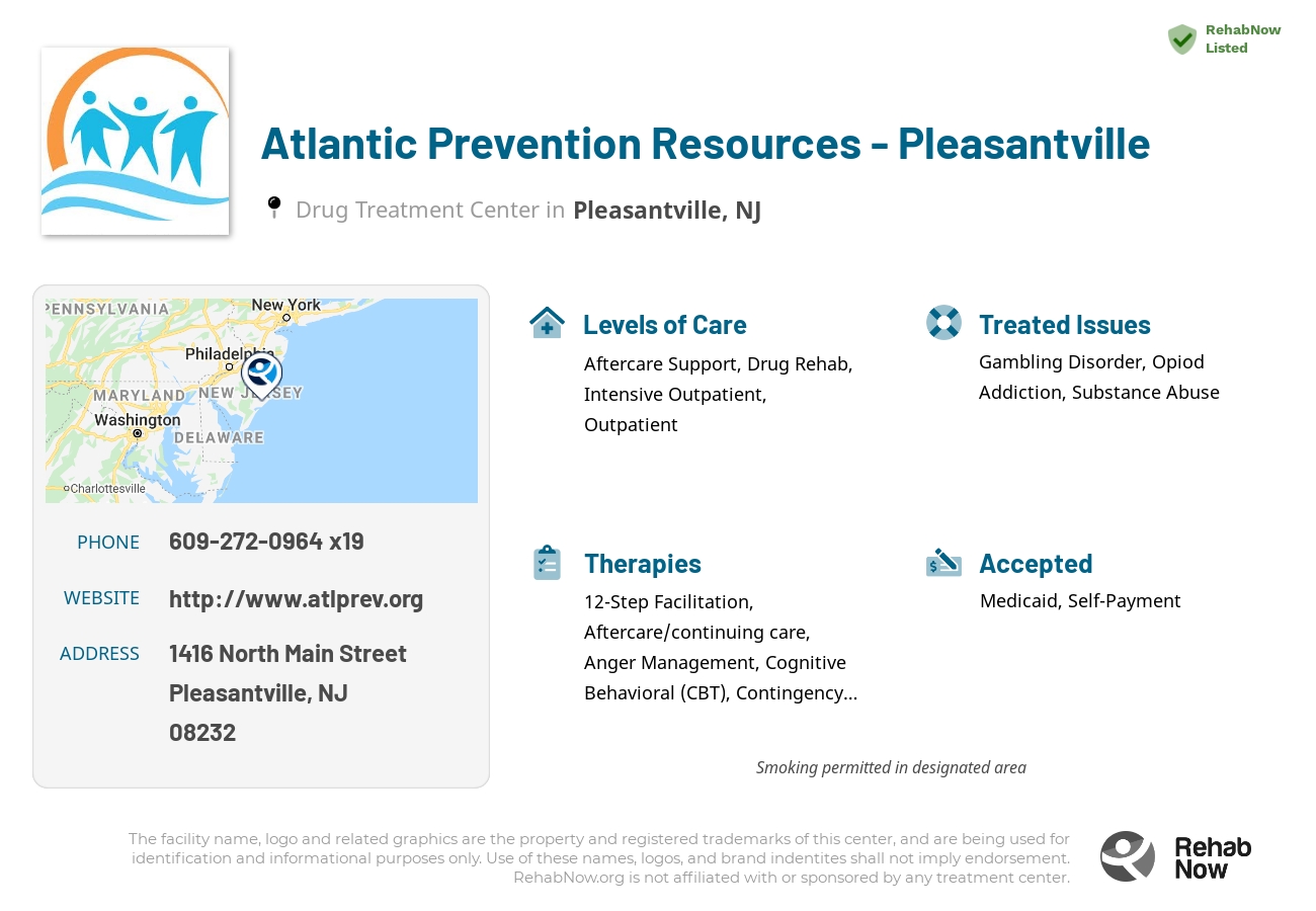 Helpful reference information for Atlantic Prevention Resources - Pleasantville, a drug treatment center in New Jersey located at: 1416 North Main Street, Pleasantville, NJ 08232, including phone numbers, official website, and more. Listed briefly is an overview of Levels of Care, Therapies Offered, Issues Treated, and accepted forms of Payment Methods.