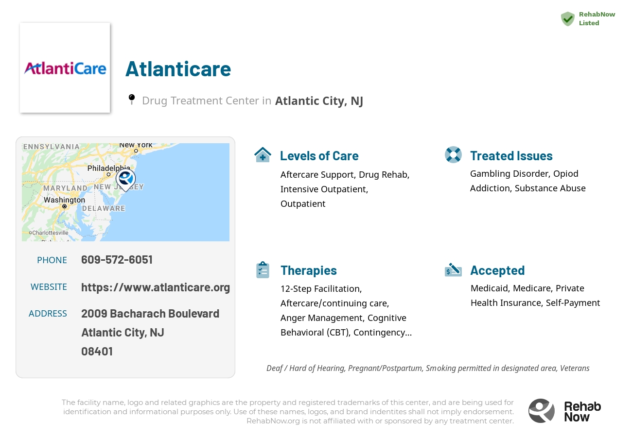 Helpful reference information for Atlanticare, a drug treatment center in New Jersey located at: 2009 Bacharach Boulevard, Atlantic City, NJ 08401, including phone numbers, official website, and more. Listed briefly is an overview of Levels of Care, Therapies Offered, Issues Treated, and accepted forms of Payment Methods.