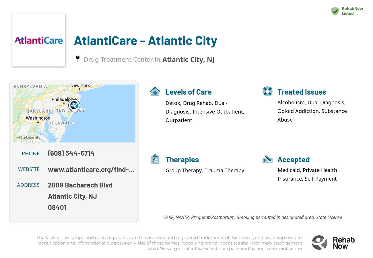 Helpful reference information for AtlantiCare - Atlantic City, a drug treatment center in New Jersey located at: 2009 Bacharach Blvd, Atlantic City, NJ 08401, including phone numbers, official website, and more. Listed briefly is an overview of Levels of Care, Therapies Offered, Issues Treated, and accepted forms of Payment Methods.