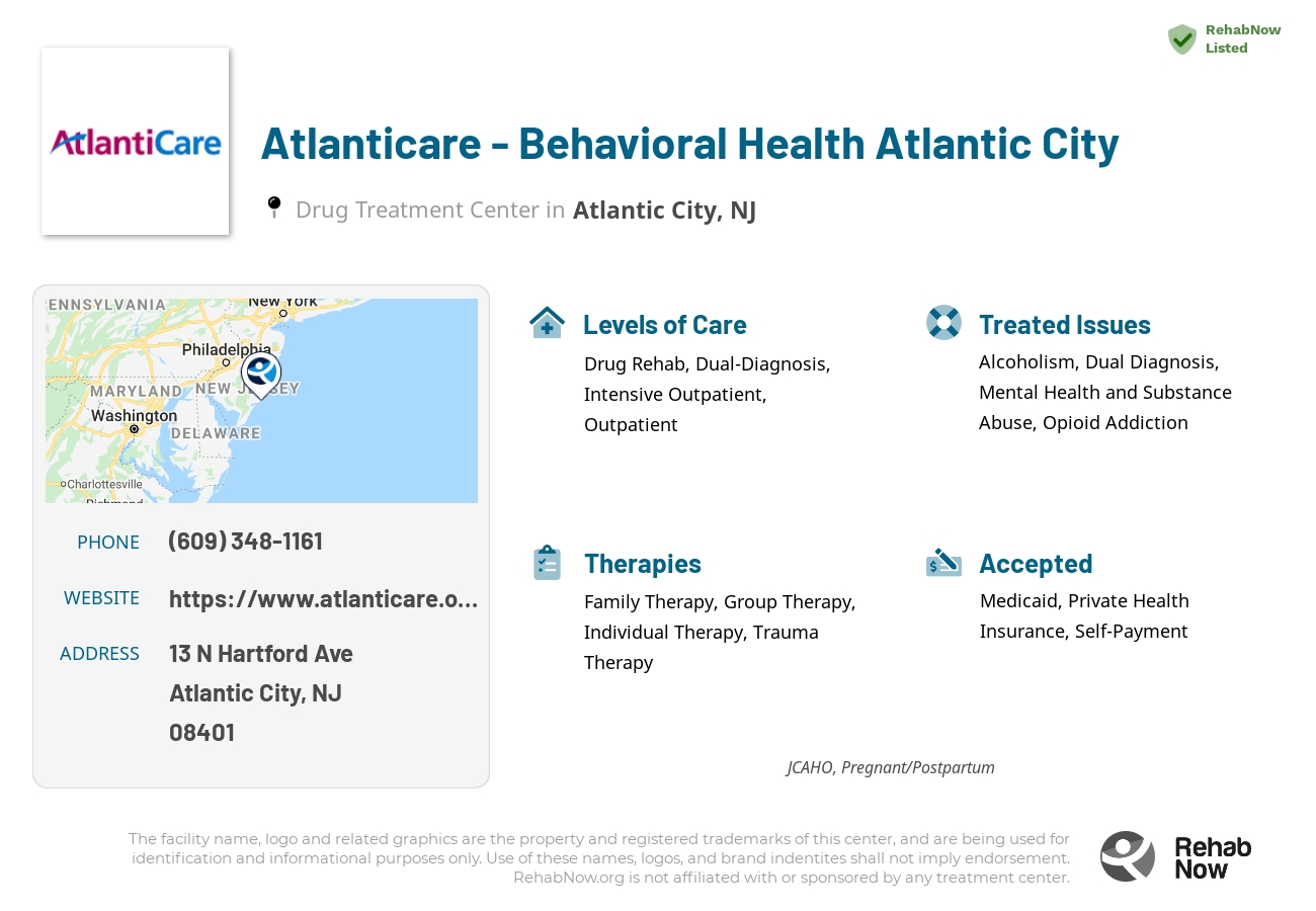 Helpful reference information for Atlanticare - Behavioral Health Atlantic City, a drug treatment center in New Jersey located at: 13 N Hartford Ave, Atlantic City, NJ 08401, including phone numbers, official website, and more. Listed briefly is an overview of Levels of Care, Therapies Offered, Issues Treated, and accepted forms of Payment Methods.