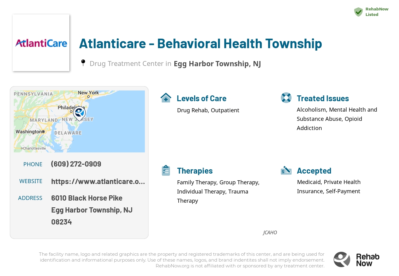 Helpful reference information for Atlanticare - Behavioral Health Township, a drug treatment center in New Jersey located at: 6010 Black Horse Pike, Egg Harbor Township, NJ 08234, including phone numbers, official website, and more. Listed briefly is an overview of Levels of Care, Therapies Offered, Issues Treated, and accepted forms of Payment Methods.