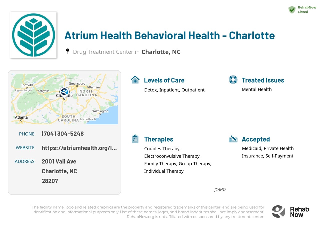 Helpful reference information for Atrium Health Behavioral Health - Charlotte, a drug treatment center in North Carolina located at: 2001 Vail Ave, Charlotte, NC 28207, including phone numbers, official website, and more. Listed briefly is an overview of Levels of Care, Therapies Offered, Issues Treated, and accepted forms of Payment Methods.