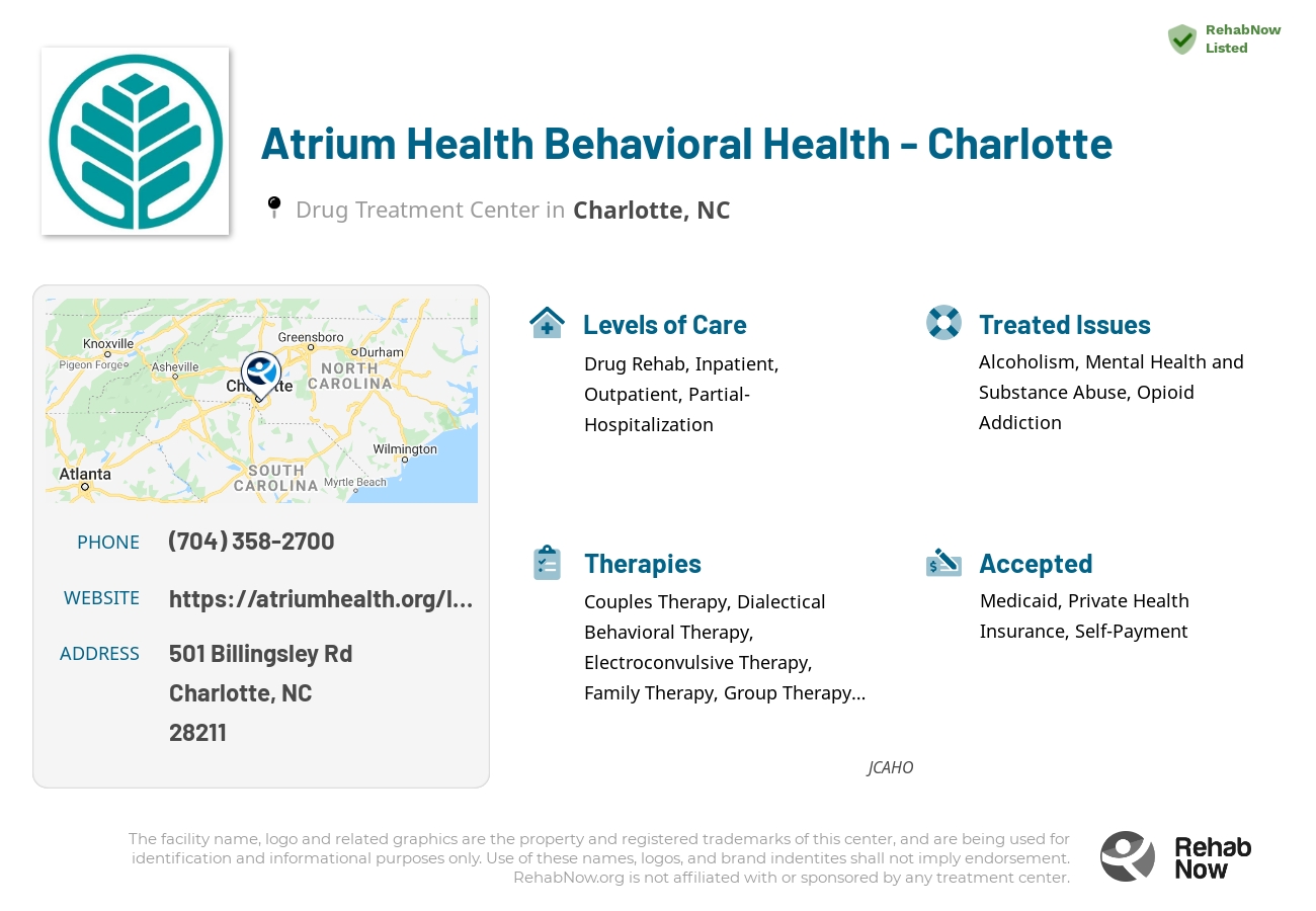 Helpful reference information for Atrium Health Behavioral Health - Charlotte, a drug treatment center in North Carolina located at: 501 Billingsley Rd, Charlotte, NC 28211, including phone numbers, official website, and more. Listed briefly is an overview of Levels of Care, Therapies Offered, Issues Treated, and accepted forms of Payment Methods.