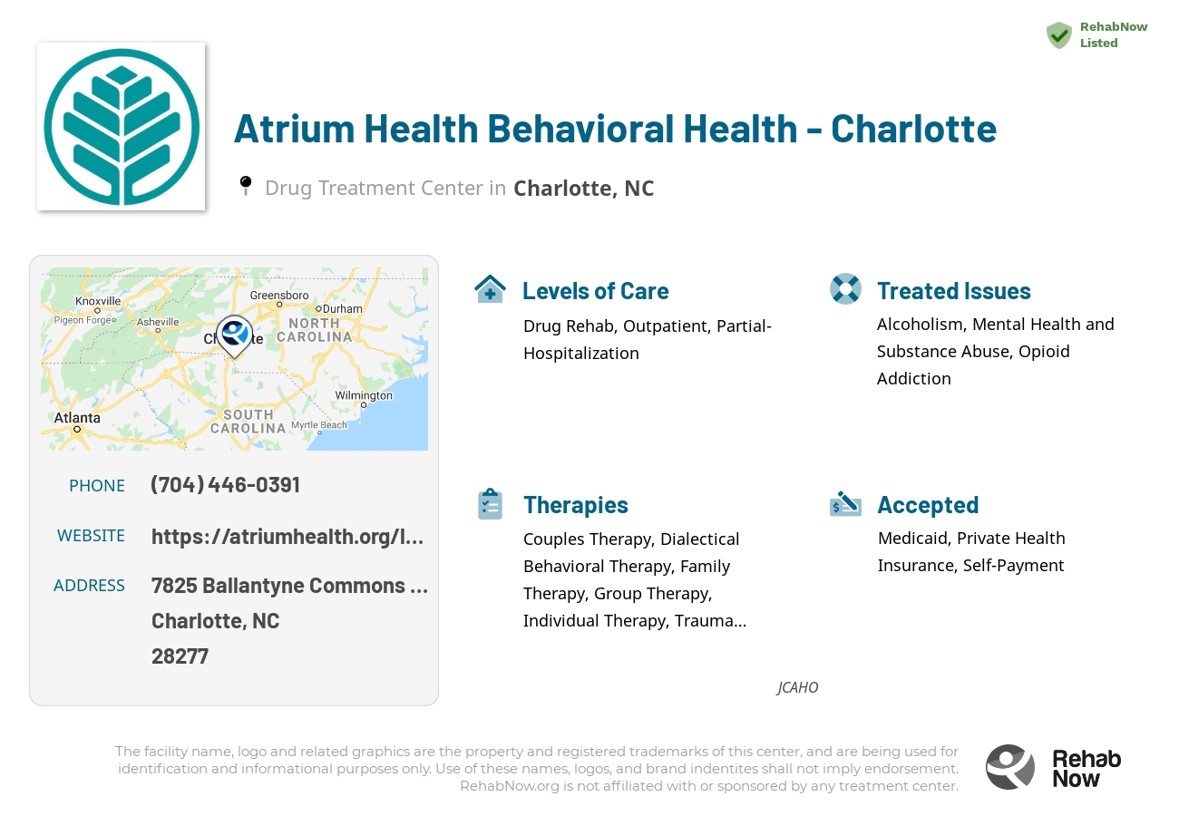 Helpful reference information for Atrium Health Behavioral Health - Charlotte, a drug treatment center in North Carolina located at: 7825 Ballantyne Commons Pkwy, Charlotte, NC 28277, including phone numbers, official website, and more. Listed briefly is an overview of Levels of Care, Therapies Offered, Issues Treated, and accepted forms of Payment Methods.
