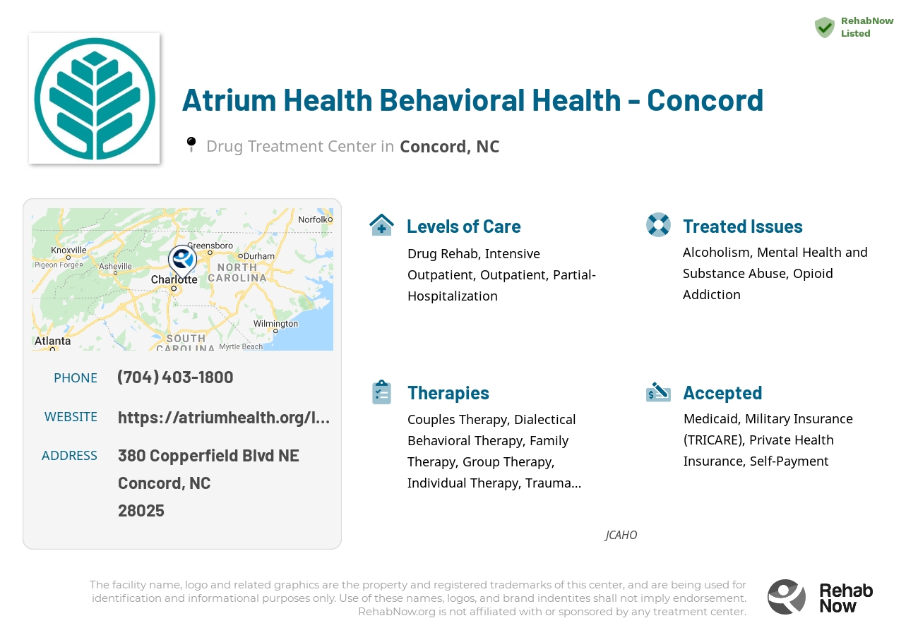 Helpful reference information for Atrium Health Behavioral Health - Concord, a drug treatment center in North Carolina located at: 380 Copperfield Blvd NE, Concord, NC 28025, including phone numbers, official website, and more. Listed briefly is an overview of Levels of Care, Therapies Offered, Issues Treated, and accepted forms of Payment Methods.