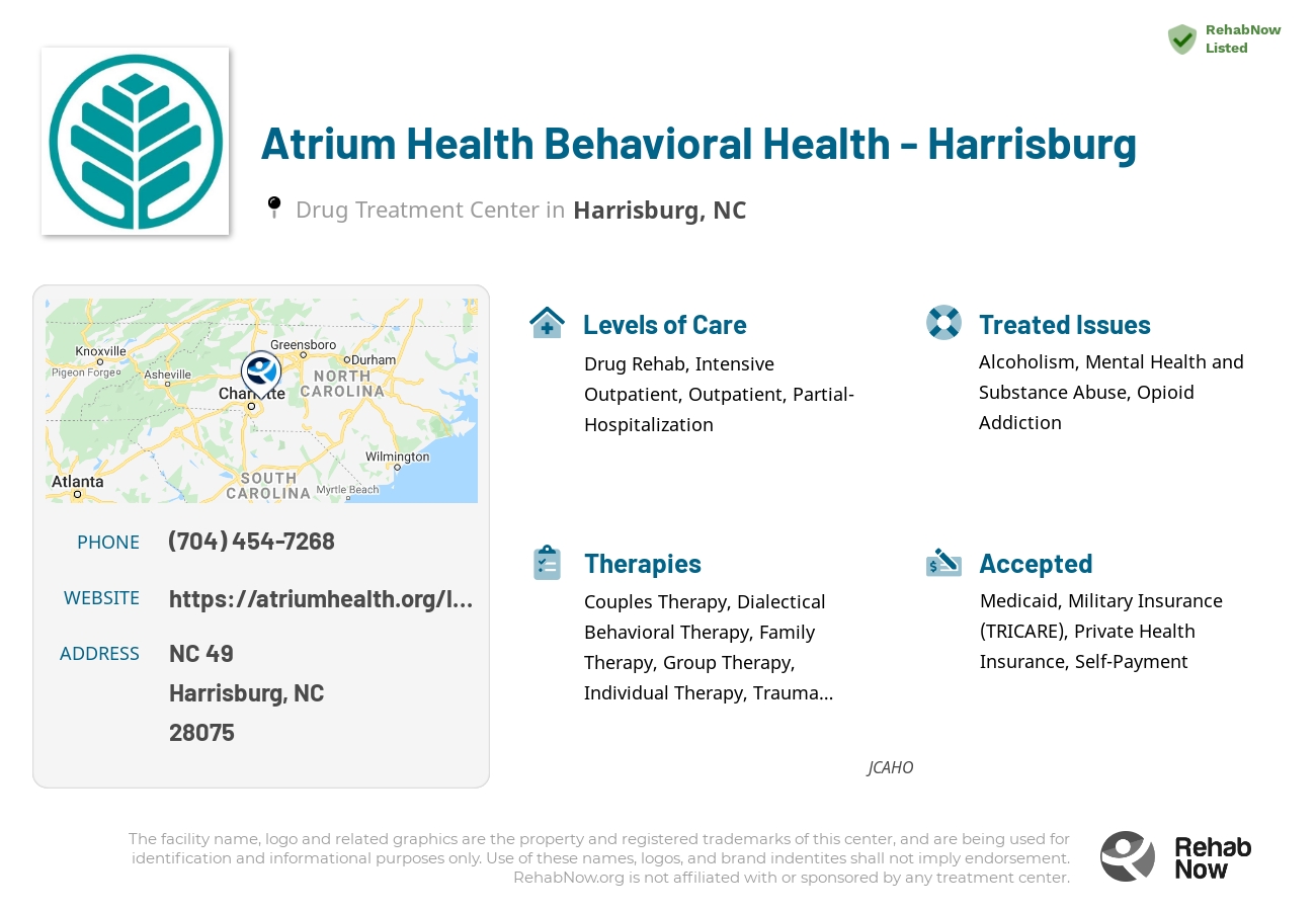 Helpful reference information for Atrium Health Behavioral Health - Harrisburg, a drug treatment center in North Carolina located at: NC 49, Harrisburg, NC 28075, including phone numbers, official website, and more. Listed briefly is an overview of Levels of Care, Therapies Offered, Issues Treated, and accepted forms of Payment Methods.