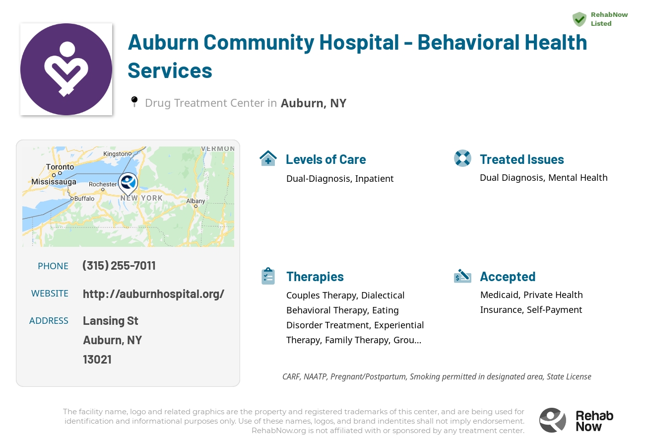 Helpful reference information for Auburn Community Hospital - Behavioral Health Services, a drug treatment center in New York located at: Lansing St, Auburn, NY 13021, including phone numbers, official website, and more. Listed briefly is an overview of Levels of Care, Therapies Offered, Issues Treated, and accepted forms of Payment Methods.