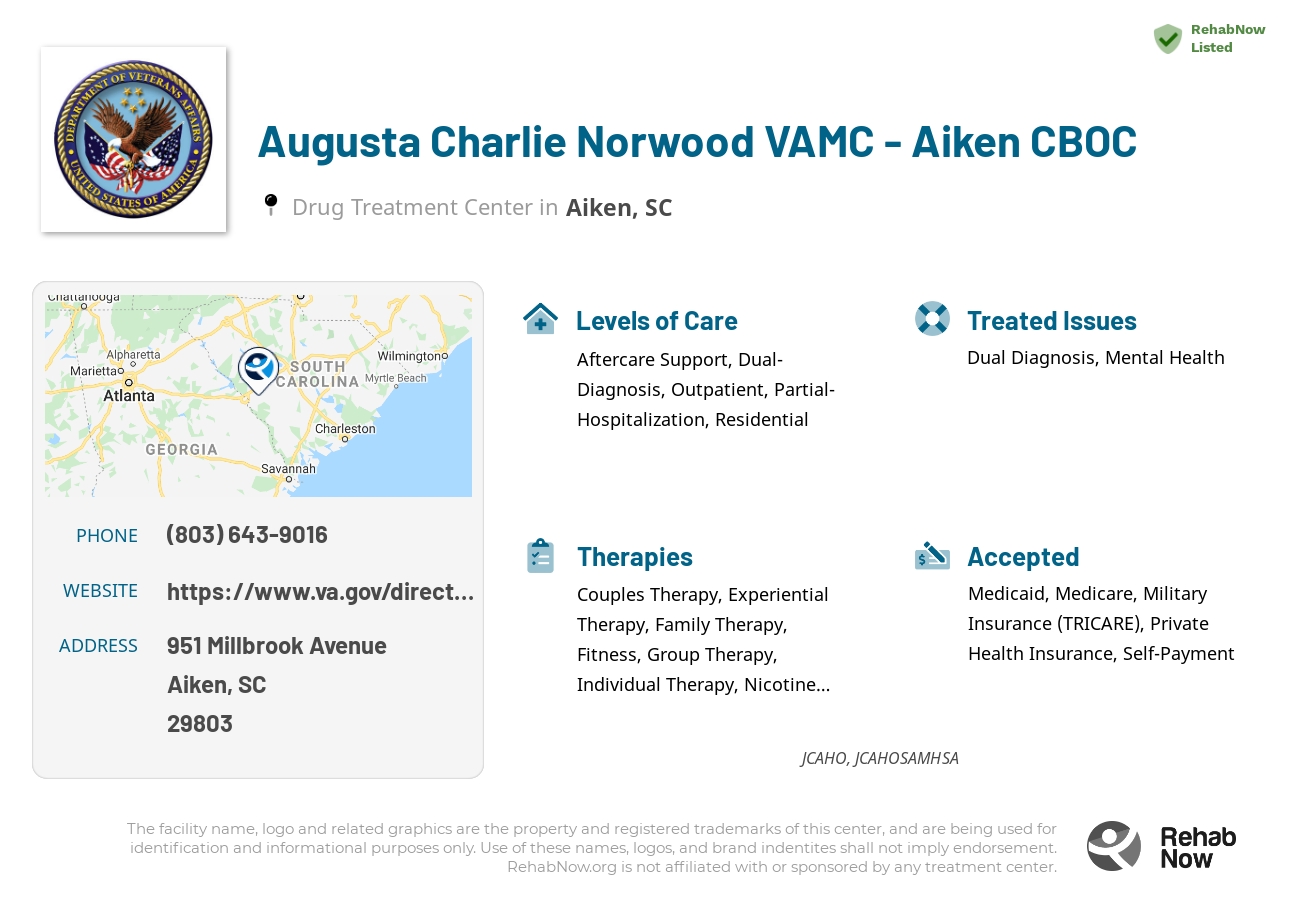 Helpful reference information for Augusta Charlie Norwood VAMC - Aiken CBOC, a drug treatment center in South Carolina located at: 951 951 Millbrook Avenue, Aiken, SC 29803, including phone numbers, official website, and more. Listed briefly is an overview of Levels of Care, Therapies Offered, Issues Treated, and accepted forms of Payment Methods.