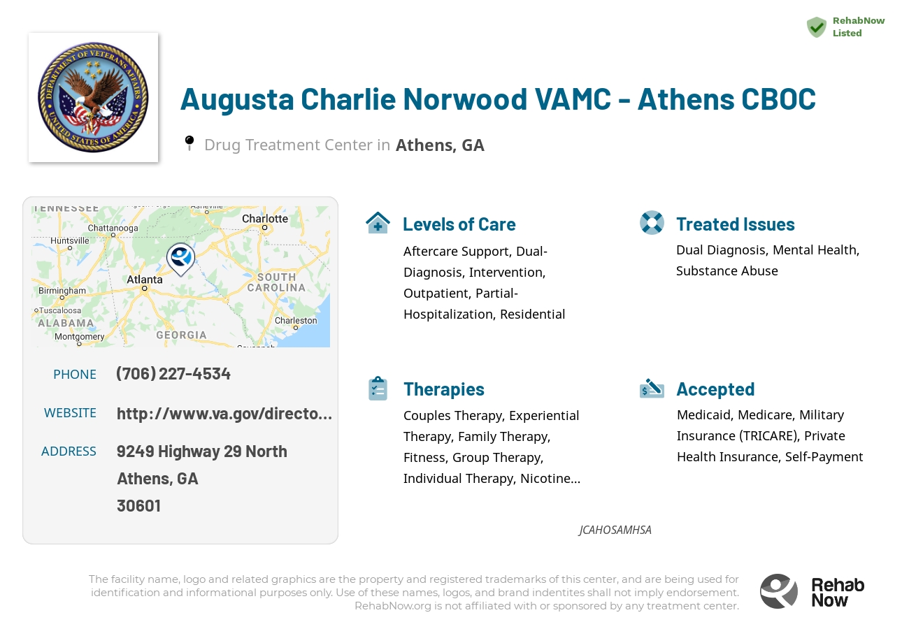 Helpful reference information for Augusta Charlie Norwood VAMC - Athens CBOC, a drug treatment center in Georgia located at: 9249 Highway 29 North, Athens, GA 30601, including phone numbers, official website, and more. Listed briefly is an overview of Levels of Care, Therapies Offered, Issues Treated, and accepted forms of Payment Methods.