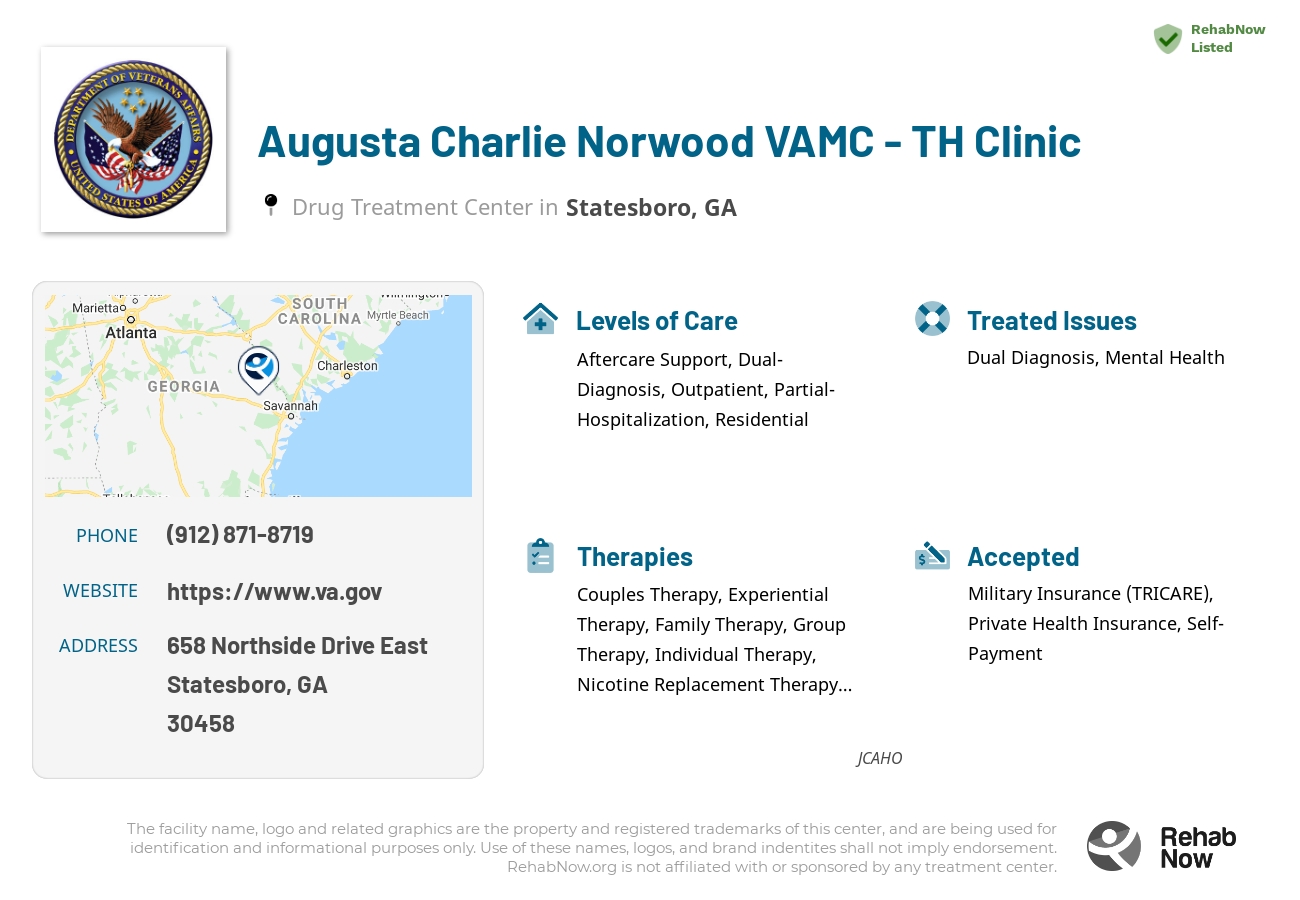 Helpful reference information for Augusta Charlie Norwood VAMC - TH Clinic, a drug treatment center in Georgia located at: 658 658 Northside Drive East, Statesboro, GA 30458, including phone numbers, official website, and more. Listed briefly is an overview of Levels of Care, Therapies Offered, Issues Treated, and accepted forms of Payment Methods.