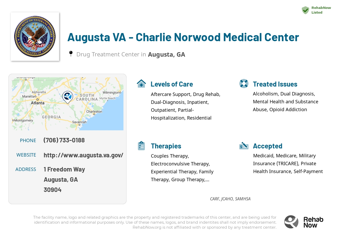 Helpful reference information for Augusta VA - Charlie Norwood Medical Center, a drug treatment center in Georgia located at: 1 1 Freedom Way, Augusta, GA 30904, including phone numbers, official website, and more. Listed briefly is an overview of Levels of Care, Therapies Offered, Issues Treated, and accepted forms of Payment Methods.