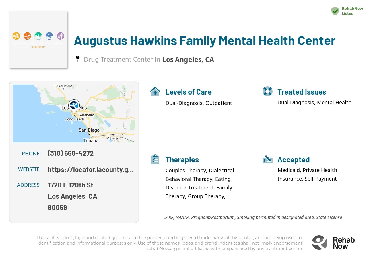 Helpful reference information for Augustus Hawkins Family Mental Health Center, a drug treatment center in California located at: 1720 E 120th St, Los Angeles, CA 90059, including phone numbers, official website, and more. Listed briefly is an overview of Levels of Care, Therapies Offered, Issues Treated, and accepted forms of Payment Methods.