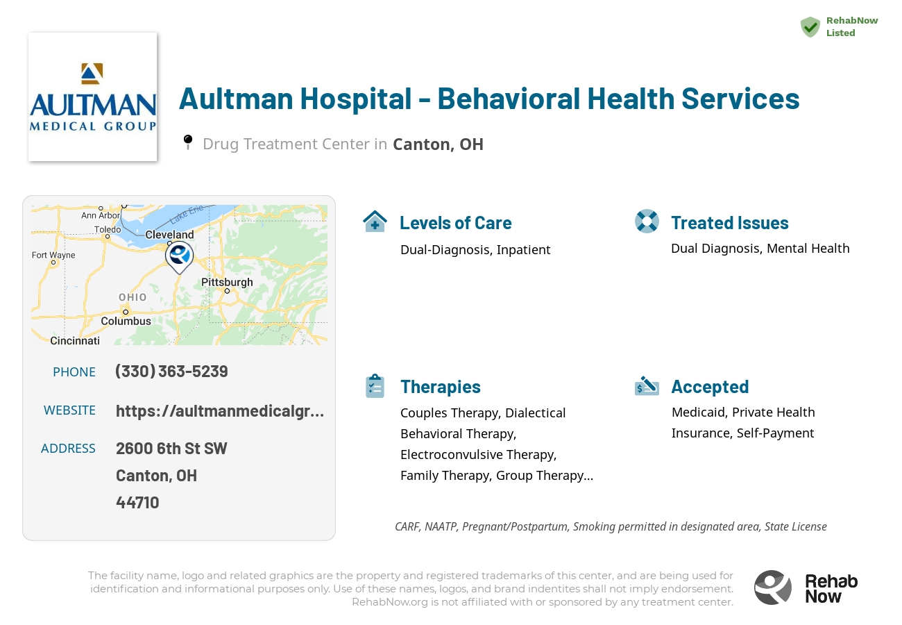 Helpful reference information for Aultman Hospital - Behavioral Health Services, a drug treatment center in Ohio located at: 2600 6th St SW, Canton, OH 44710, including phone numbers, official website, and more. Listed briefly is an overview of Levels of Care, Therapies Offered, Issues Treated, and accepted forms of Payment Methods.