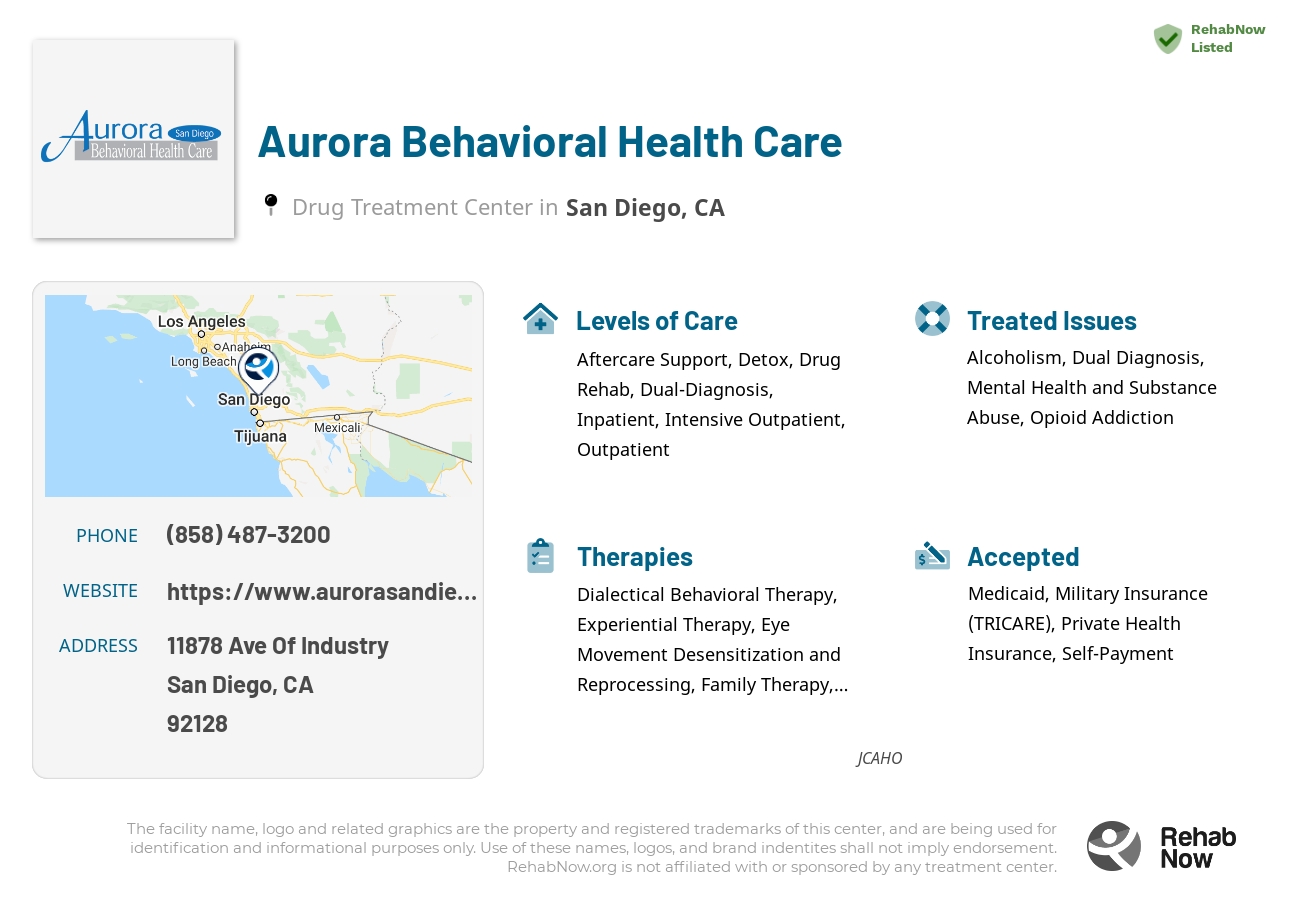 Helpful reference information for Aurora Behavioral Health Care, a drug treatment center in California located at: 11878 Ave Of Industry, San Diego, CA 92128, including phone numbers, official website, and more. Listed briefly is an overview of Levels of Care, Therapies Offered, Issues Treated, and accepted forms of Payment Methods.