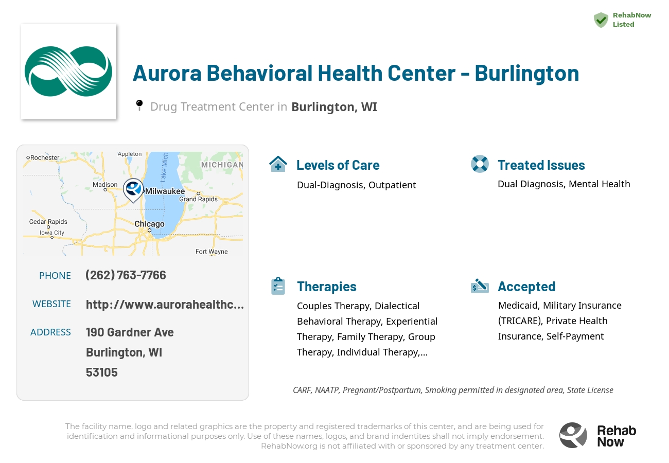 Helpful reference information for Aurora Behavioral Health Center - Burlington, a drug treatment center in Wisconsin located at: 190 Gardner Ave, Burlington, WI 53105, including phone numbers, official website, and more. Listed briefly is an overview of Levels of Care, Therapies Offered, Issues Treated, and accepted forms of Payment Methods.