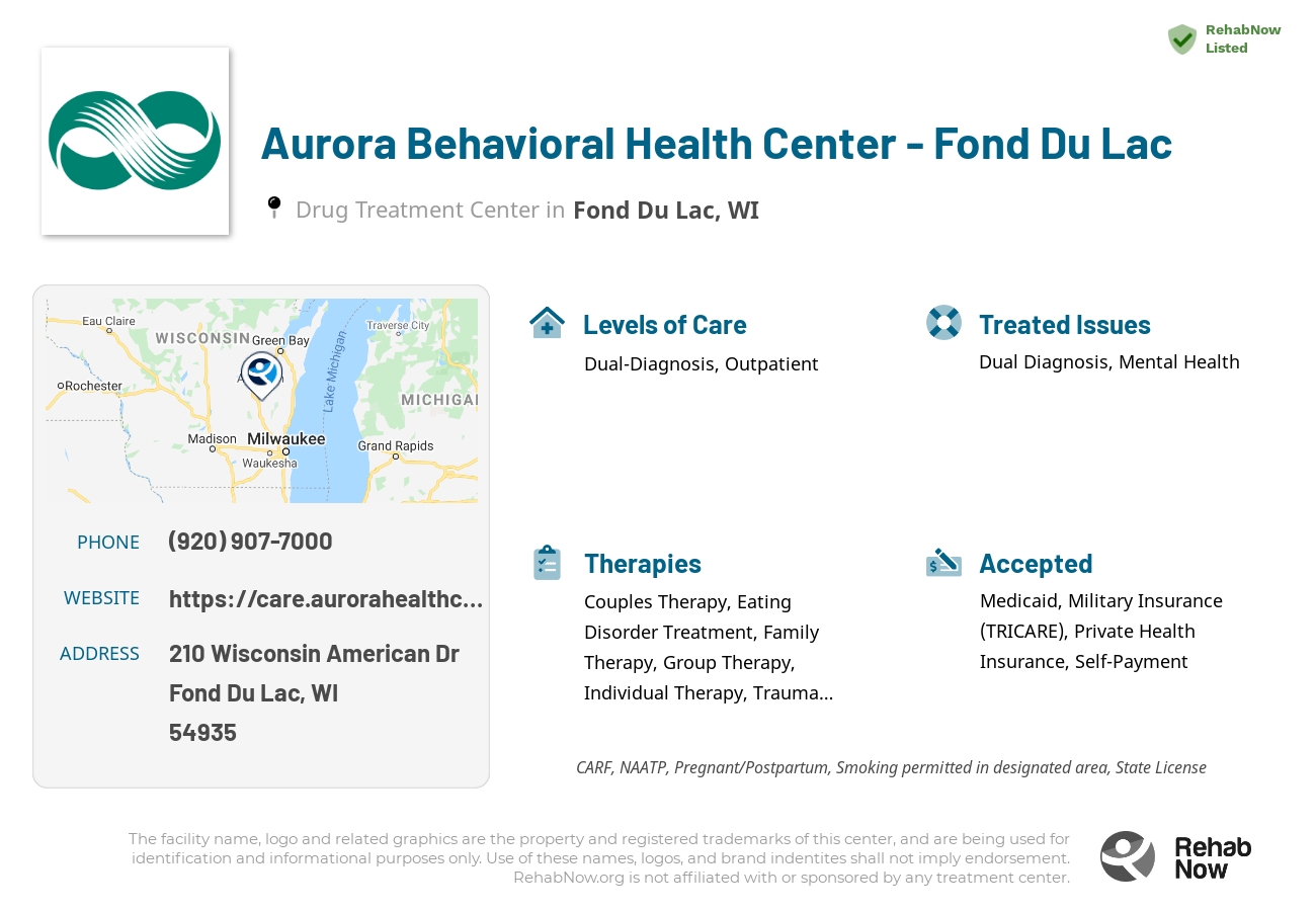 Helpful reference information for Aurora Behavioral Health Center - Fond Du Lac, a drug treatment center in Wisconsin located at: 210 Wisconsin American Dr, Fond Du Lac, WI 54935, including phone numbers, official website, and more. Listed briefly is an overview of Levels of Care, Therapies Offered, Issues Treated, and accepted forms of Payment Methods.