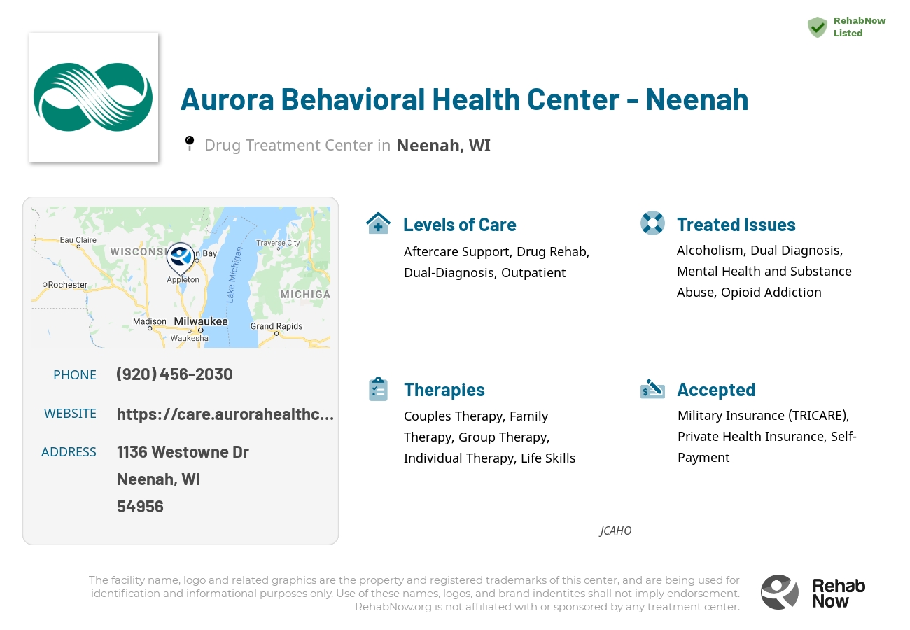 Helpful reference information for Aurora Behavioral Health Center - Neenah, a drug treatment center in Wisconsin located at: 1136 Westowne Dr, Neenah, WI 54956, including phone numbers, official website, and more. Listed briefly is an overview of Levels of Care, Therapies Offered, Issues Treated, and accepted forms of Payment Methods.