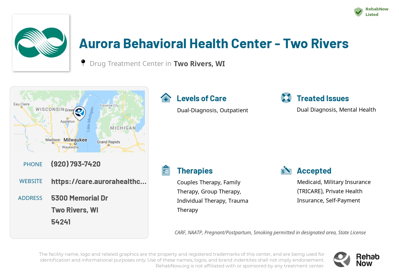 Helpful reference information for Aurora Behavioral Health Center - Two Rivers, a drug treatment center in Wisconsin located at: 5300 Memorial Dr, Two Rivers, WI 54241, including phone numbers, official website, and more. Listed briefly is an overview of Levels of Care, Therapies Offered, Issues Treated, and accepted forms of Payment Methods.