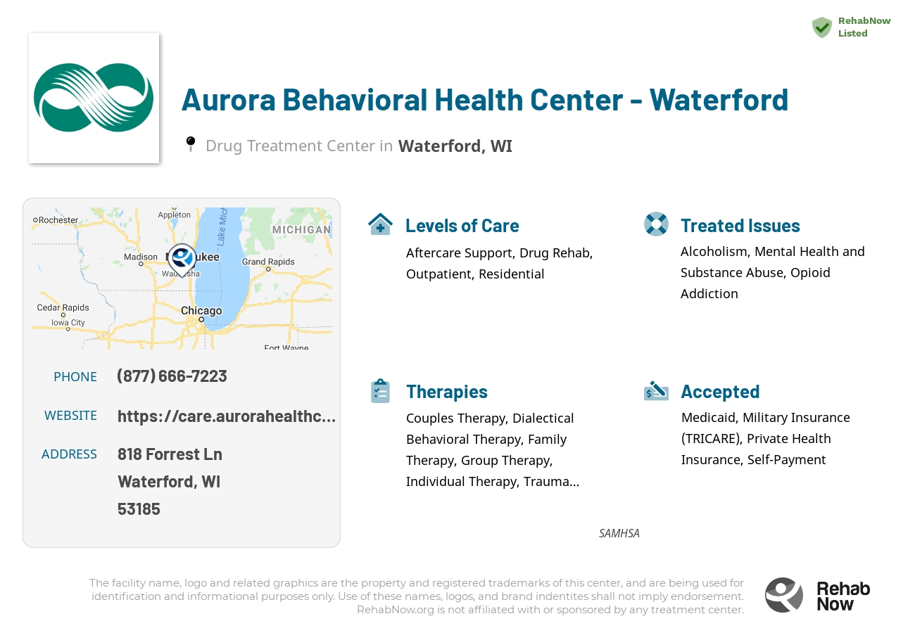 Helpful reference information for Aurora Behavioral Health Center - Waterford, a drug treatment center in Wisconsin located at: 818 Forrest Ln, Waterford, WI 53185, including phone numbers, official website, and more. Listed briefly is an overview of Levels of Care, Therapies Offered, Issues Treated, and accepted forms of Payment Methods.