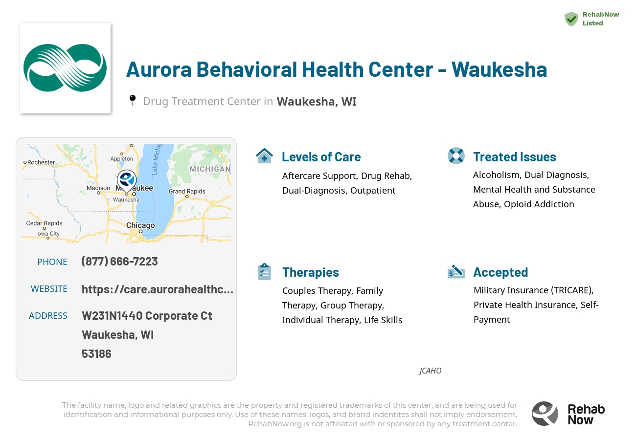 Helpful reference information for Aurora Behavioral Health Center - Waukesha, a drug treatment center in Wisconsin located at: W231N1440 Corporate Ct, Waukesha, WI 53186, including phone numbers, official website, and more. Listed briefly is an overview of Levels of Care, Therapies Offered, Issues Treated, and accepted forms of Payment Methods.