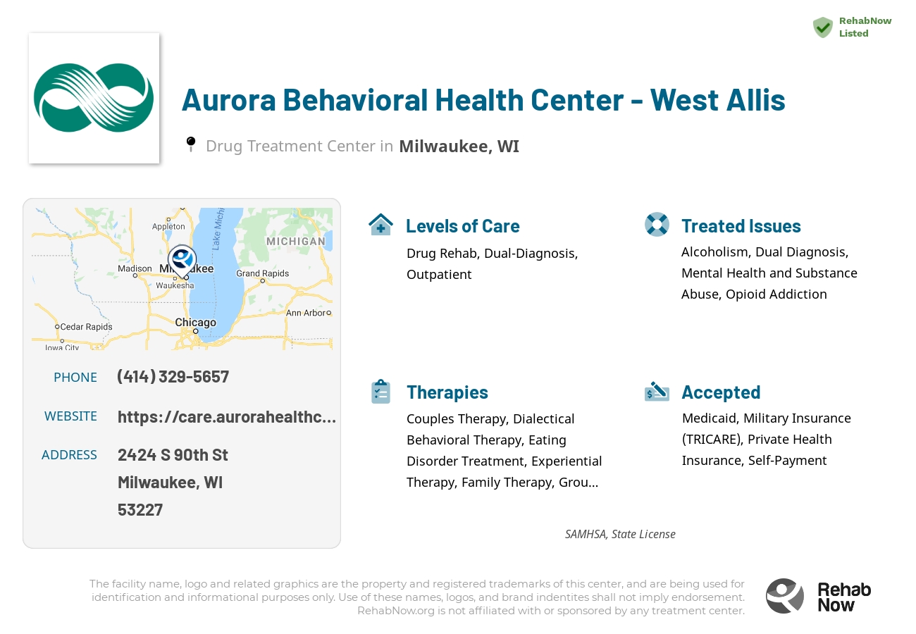 Helpful reference information for Aurora Behavioral Health Center - West Allis, a drug treatment center in Wisconsin located at: 2424 S 90th St, Milwaukee, WI 53227, including phone numbers, official website, and more. Listed briefly is an overview of Levels of Care, Therapies Offered, Issues Treated, and accepted forms of Payment Methods.