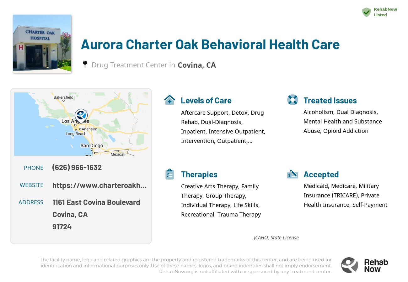 Helpful reference information for Aurora Charter Oak Behavioral Health Care, a drug treatment center in California located at: 1161 East Covina Boulevard, Covina, CA, 91724, including phone numbers, official website, and more. Listed briefly is an overview of Levels of Care, Therapies Offered, Issues Treated, and accepted forms of Payment Methods.