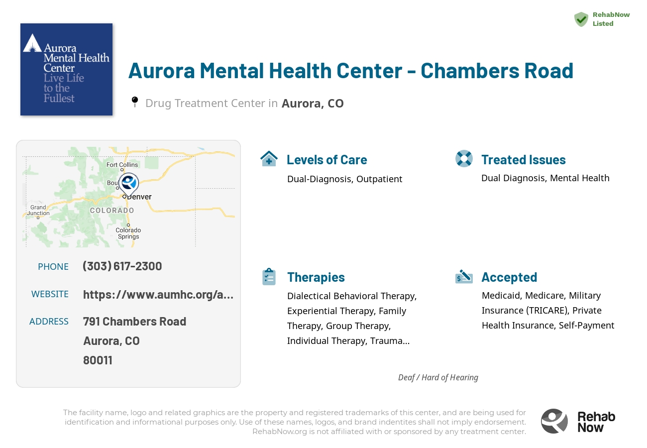 Helpful reference information for Aurora Mental Health Center - Chambers Road, a drug treatment center in Colorado located at: 791 791 Chambers Road, Aurora, CO 80011, including phone numbers, official website, and more. Listed briefly is an overview of Levels of Care, Therapies Offered, Issues Treated, and accepted forms of Payment Methods.