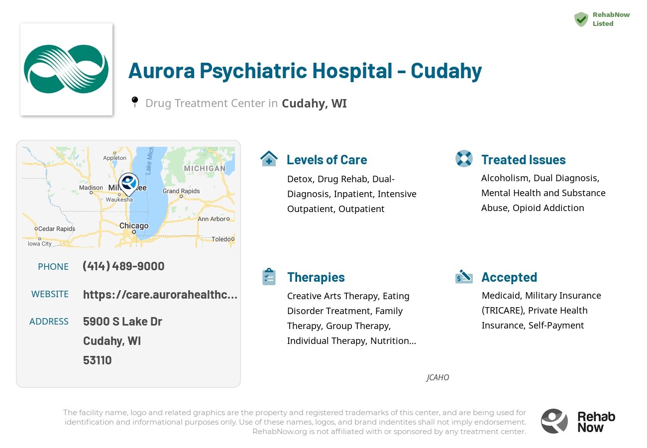 Helpful reference information for Aurora Psychiatric Hospital - Cudahy, a drug treatment center in Wisconsin located at: 5900 S Lake Dr, Cudahy, WI 53110, including phone numbers, official website, and more. Listed briefly is an overview of Levels of Care, Therapies Offered, Issues Treated, and accepted forms of Payment Methods.