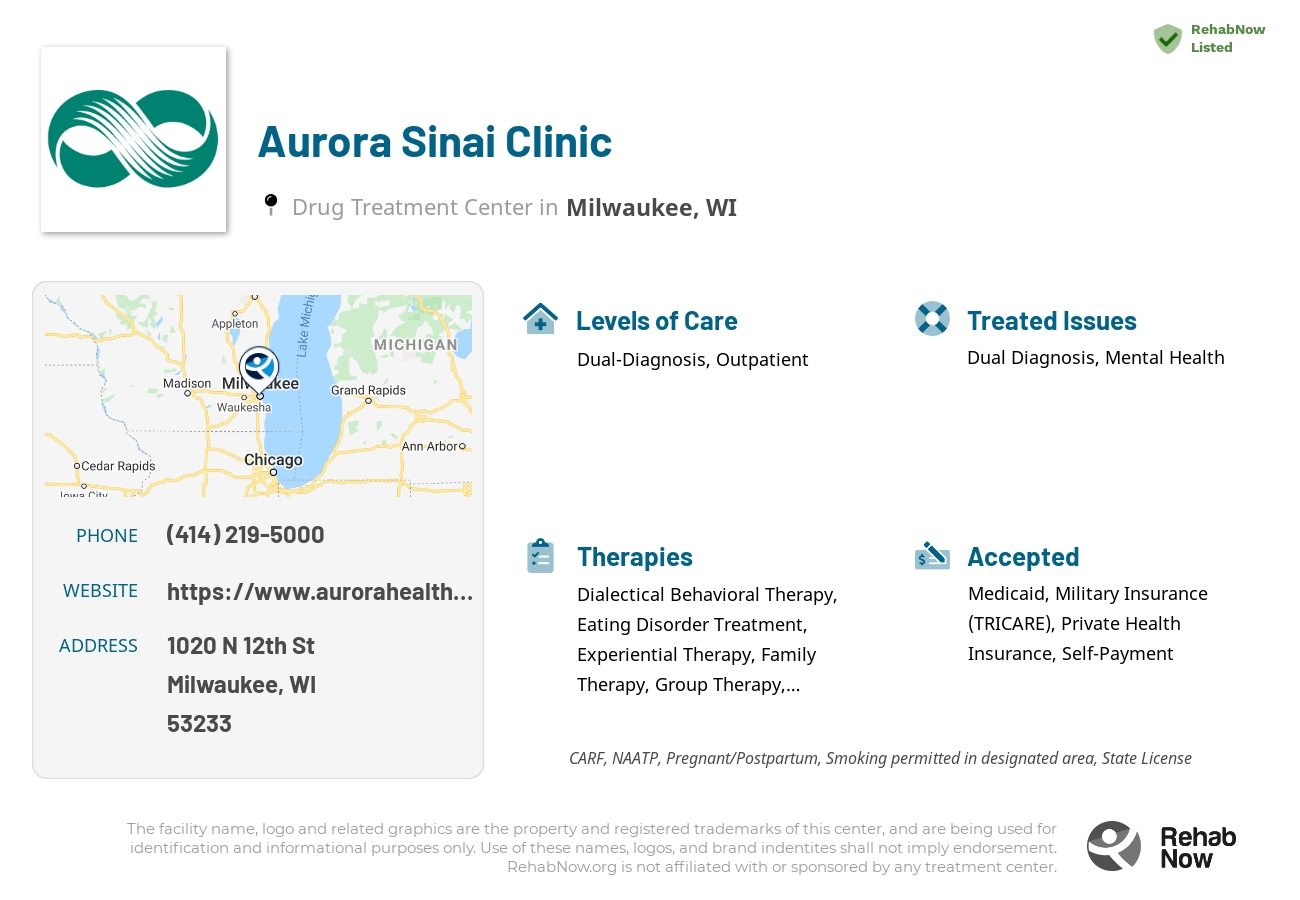 Helpful reference information for Aurora Sinai Clinic, a drug treatment center in Wisconsin located at: 1020 N 12th St, Milwaukee, WI 53233, including phone numbers, official website, and more. Listed briefly is an overview of Levels of Care, Therapies Offered, Issues Treated, and accepted forms of Payment Methods.