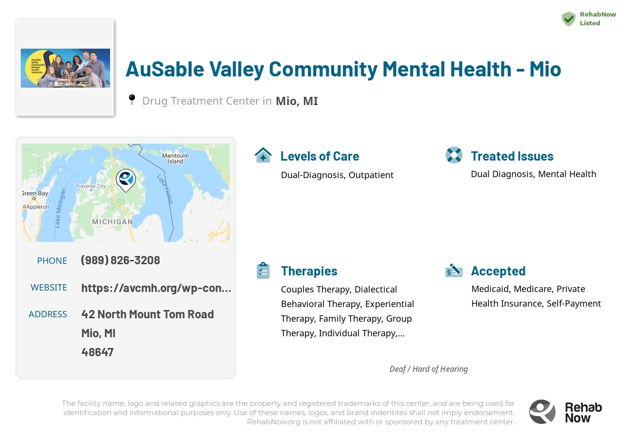 Helpful reference information for AuSable Valley Community Mental Health - Mio, a drug treatment center in Michigan located at: 42 42 North Mount Tom Road, Mio, MI 48647, including phone numbers, official website, and more. Listed briefly is an overview of Levels of Care, Therapies Offered, Issues Treated, and accepted forms of Payment Methods.