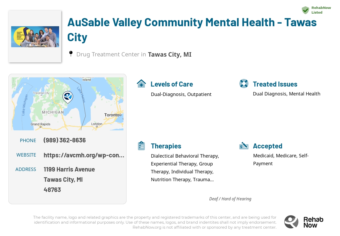 Helpful reference information for AuSable Valley Community Mental Health - Tawas City, a drug treatment center in Michigan located at: 1199 1199 Harris Avenue, Tawas City, MI 48763, including phone numbers, official website, and more. Listed briefly is an overview of Levels of Care, Therapies Offered, Issues Treated, and accepted forms of Payment Methods.