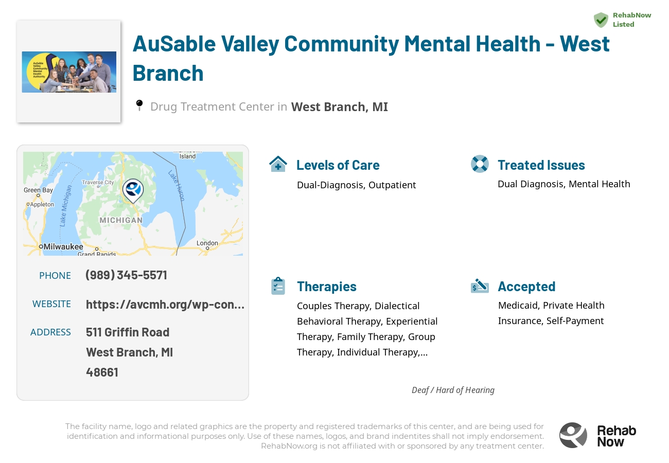 Helpful reference information for AuSable Valley Community Mental Health - West Branch, a drug treatment center in Michigan located at: 511 511 Griffin Road, West Branch, MI 48661, including phone numbers, official website, and more. Listed briefly is an overview of Levels of Care, Therapies Offered, Issues Treated, and accepted forms of Payment Methods.