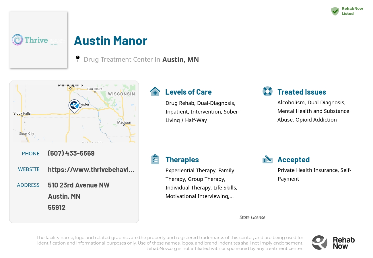 Helpful reference information for Austin Manor, a drug treatment center in Minnesota located at: 510 510 23rd Avenue NW, Austin, MN 55912, including phone numbers, official website, and more. Listed briefly is an overview of Levels of Care, Therapies Offered, Issues Treated, and accepted forms of Payment Methods.